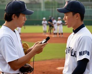 高校野球の球場で選手を取材する地域レポーター